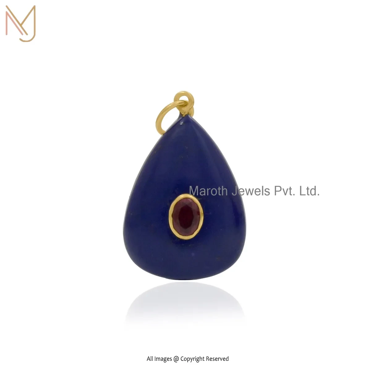 Private Lable 14K Yellow Gold Cubic Zircon & Lapiz Lazuli Gemstone Teardrop Pendant