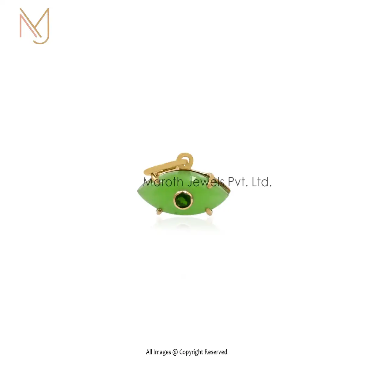 14K Yellow Gold Green Synthetic Opal & Green CZ Evil Eye Pendant Jewelry Supplier