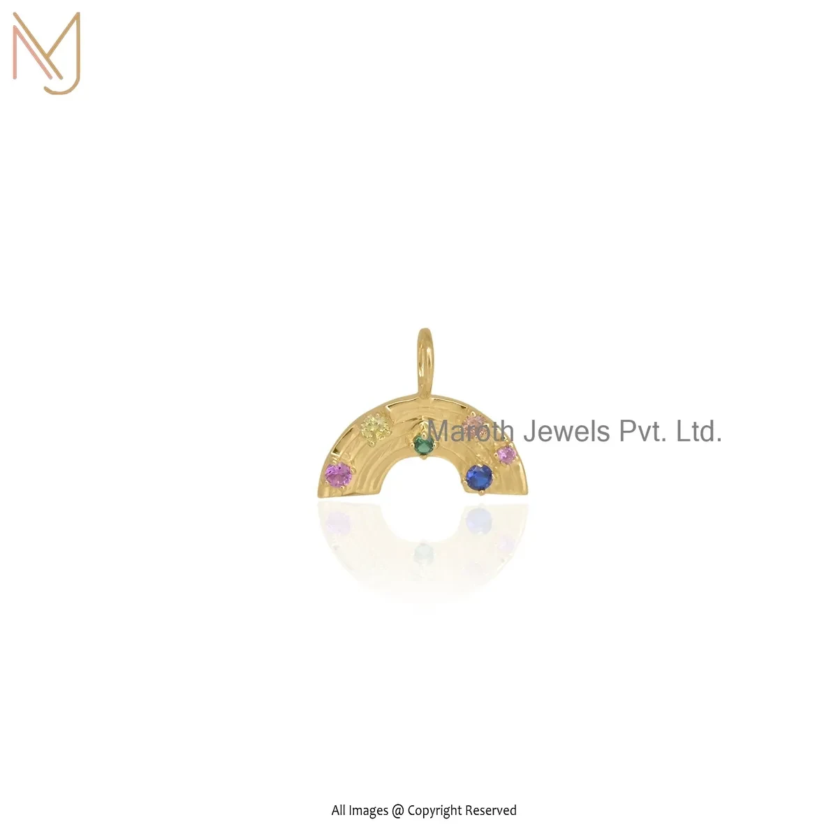 Private Lable 14K Yellow Gold Multi Sapphire Gemstone Rainbow Charm Pendant