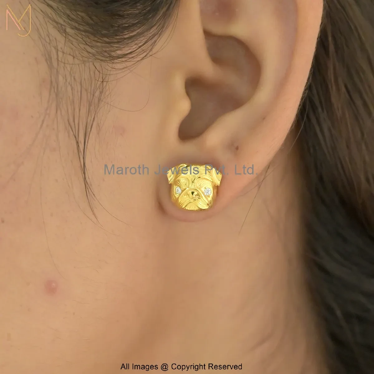 14K Yellow Gold Diamond Cubic Zircon Gold Pug Head Stud Earring Manufacturer