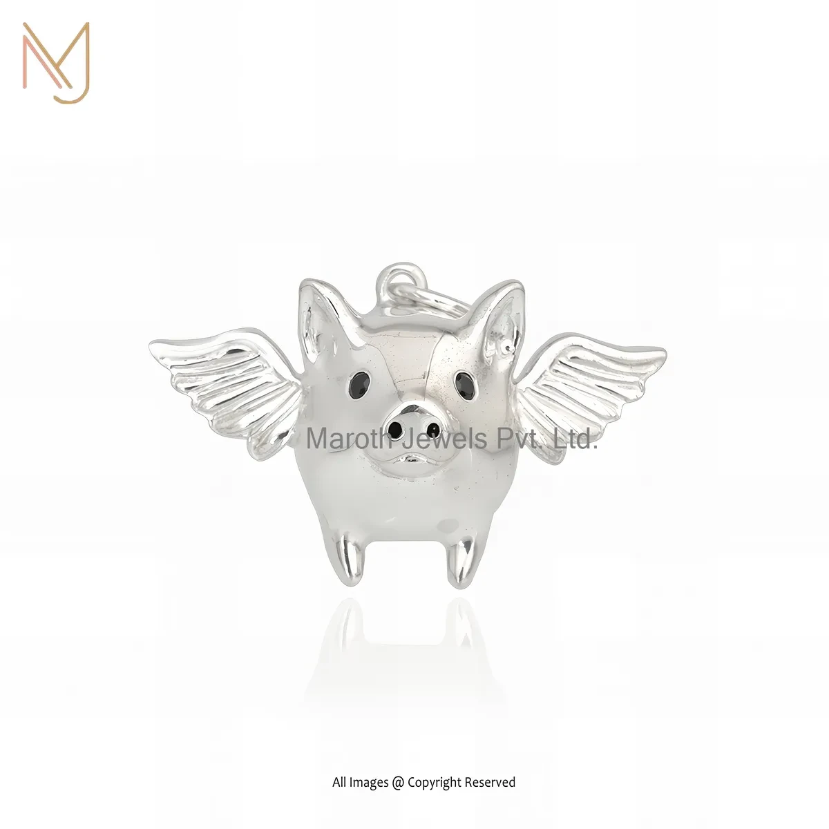 925 Silver Natural Silver Plated Black Spinel Pig Flying Charm Pendant Manufacturer