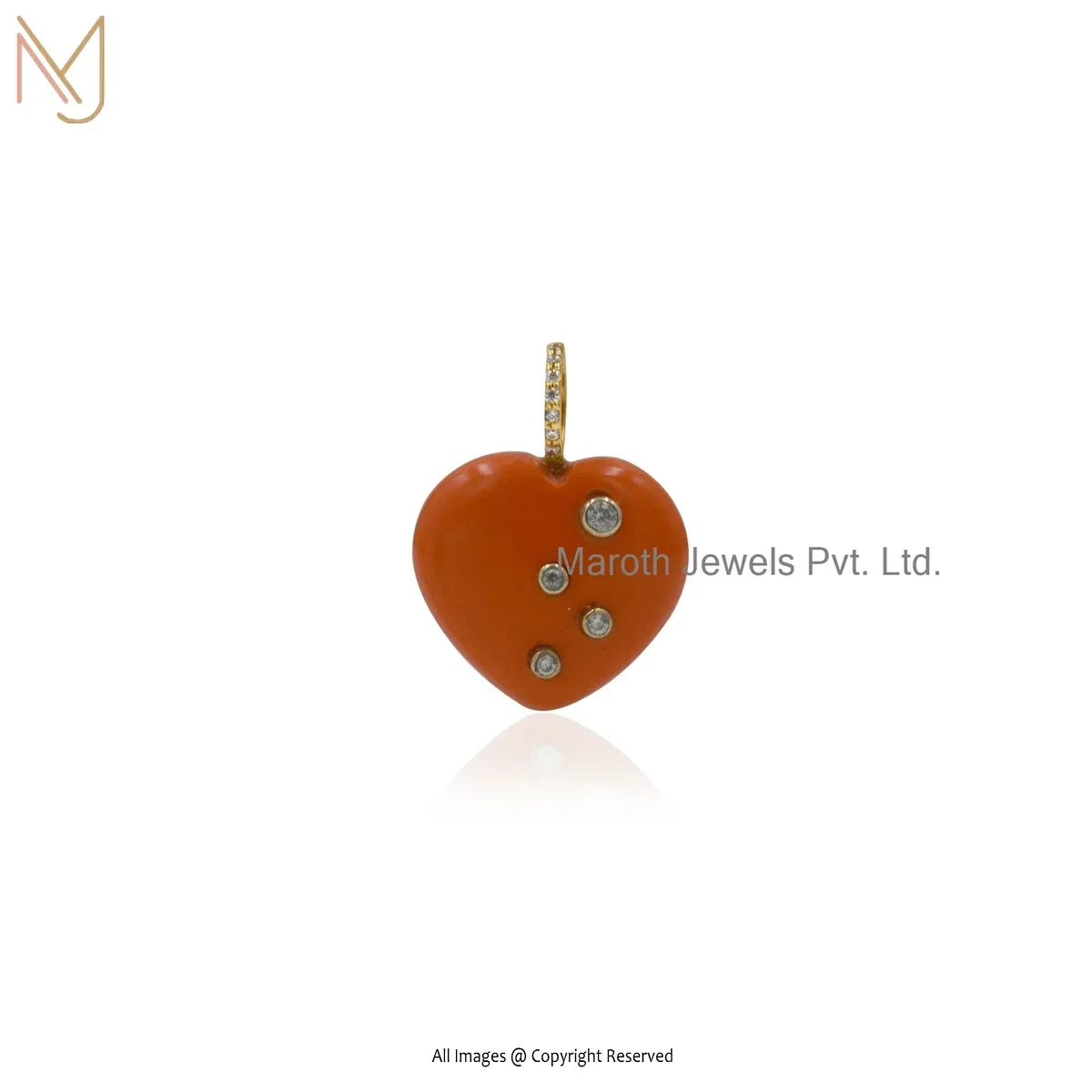 Wholesale 14K Yellow Gold Cubic Zircon & Red Coral Heart Pendant Jewelry
