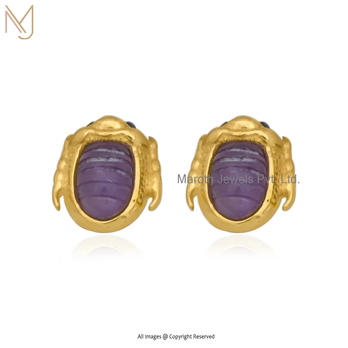925 Silver Yellow Gold Plated Black Cubic Zircon Gemstone Scarab Stud Earring Manufacturer