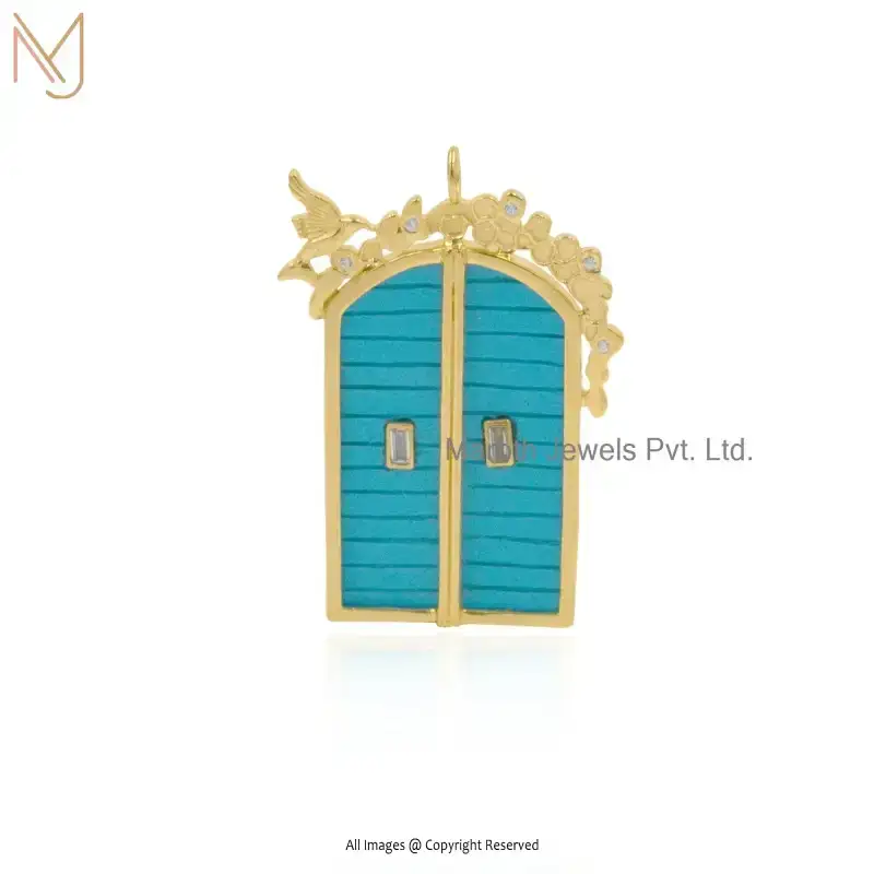 Private Lable 925 Silver Yellow Gold Plated Turquoise & White Topaz Handmade Gemstone Door Pendant