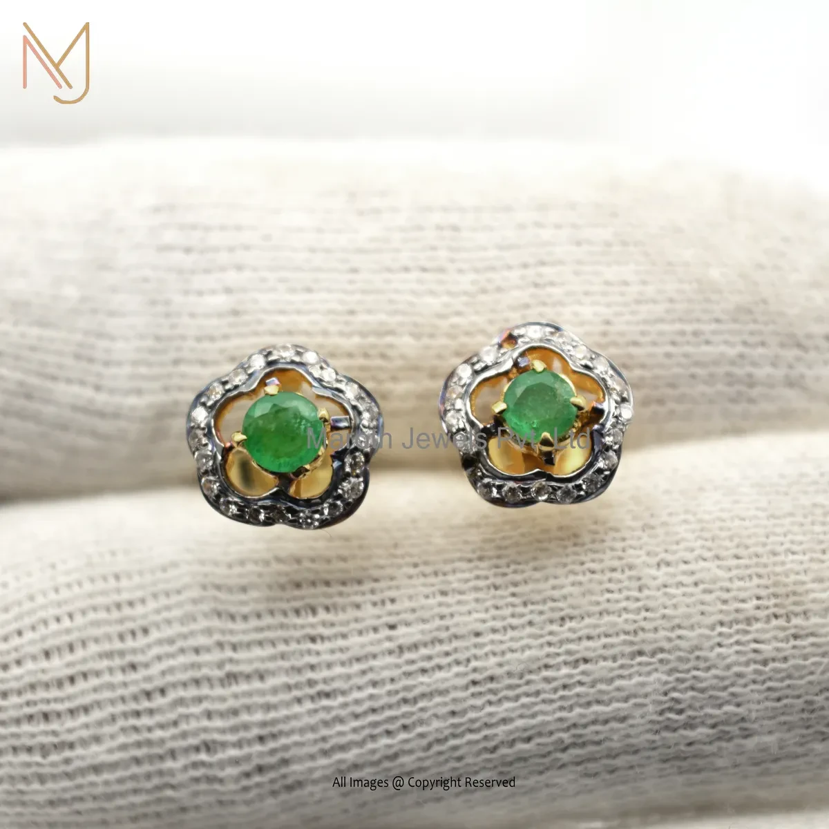 925 Silver Yellow Gold Plated Pave Diamond Emerald Gemstone Stud Earring Custom Jewelry