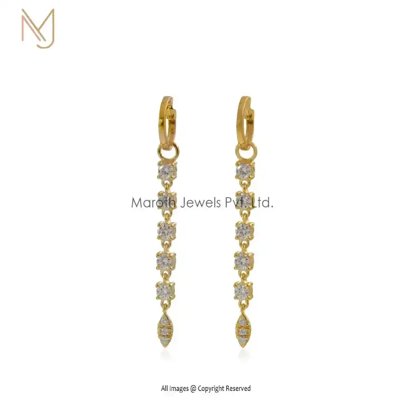 14K Yellow Gold Thin Drop Huggie Earrings with Moissanite CZ Gemstone Manufacturer