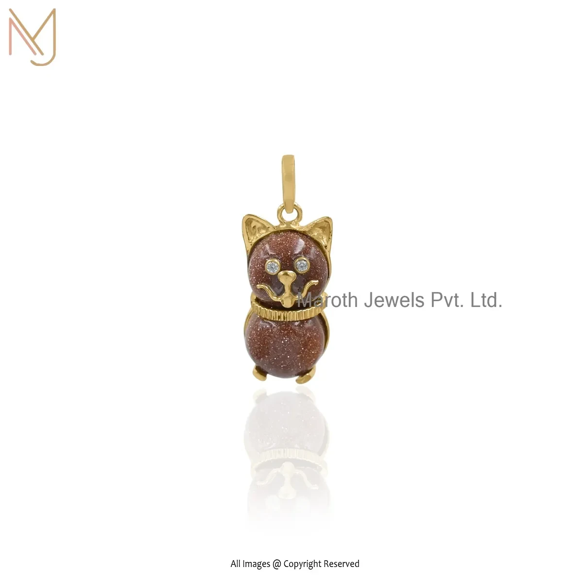925 Silver Yellow Gold Plated Sunstone Cat Pendant Jewelry Supplier