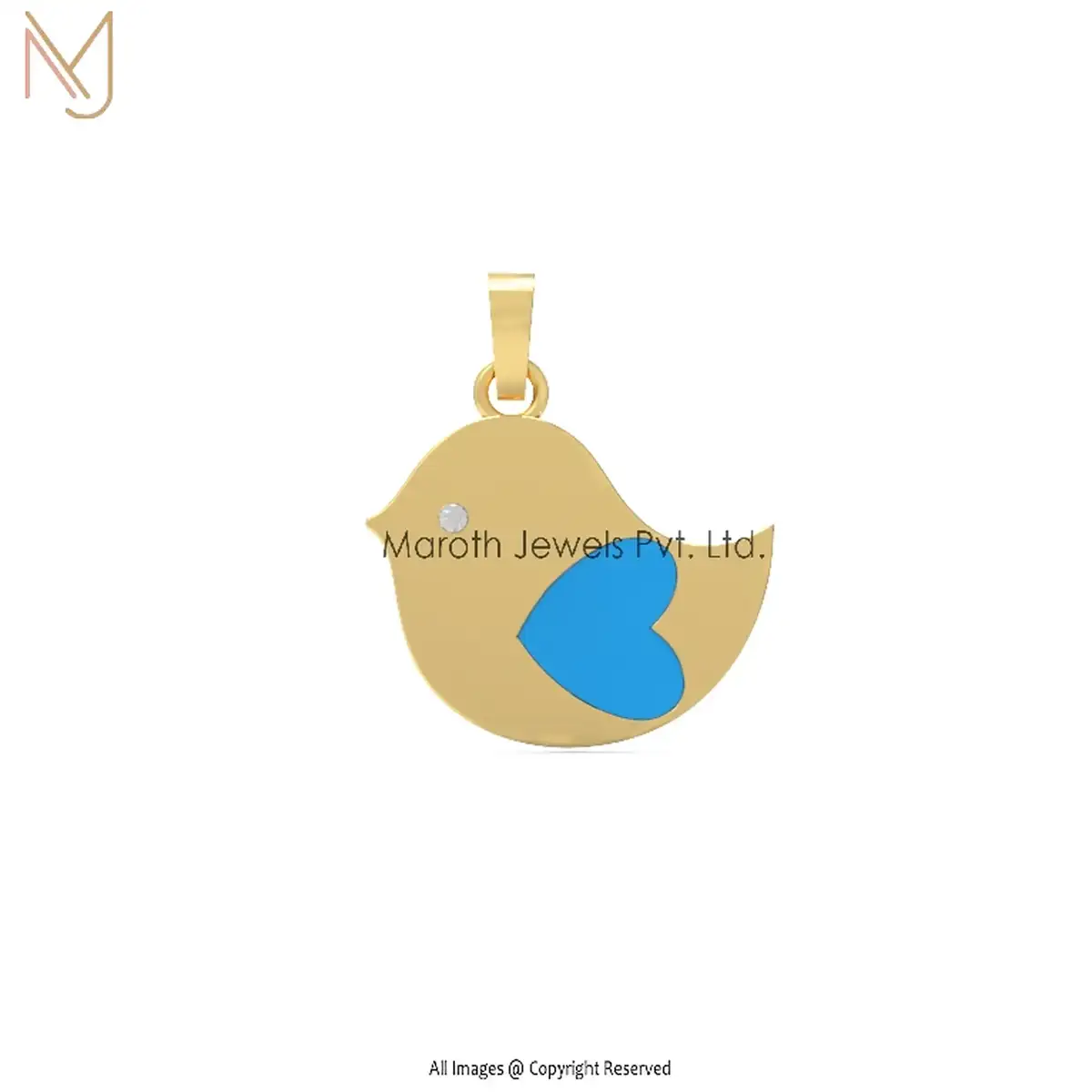 14K Yellow Gold Pave Diamond Turquoise Enamel Birds Pendant Manufacturer