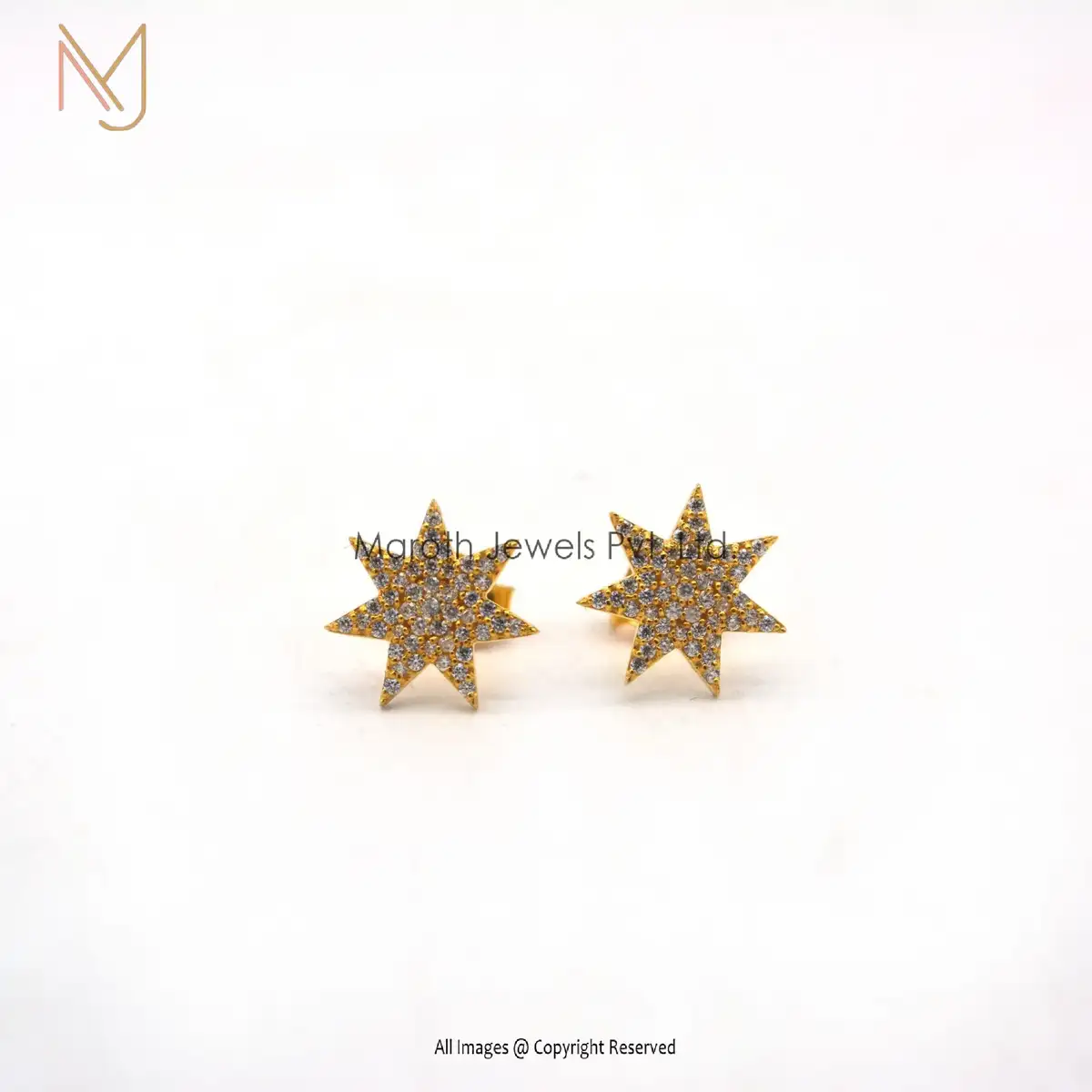 14K Solid Yellow Gold Pave Diamond Starburst Stud Earring Manufacturer