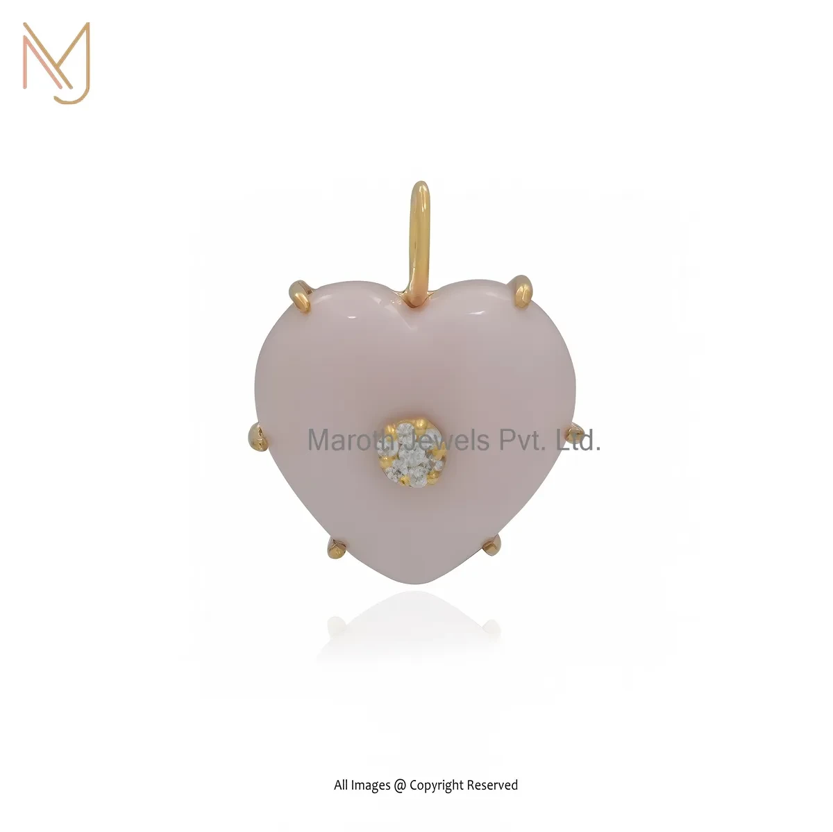 Wholesale 14K Yellow Gold Cubic Zircon & Pink Opal Heart Pendant