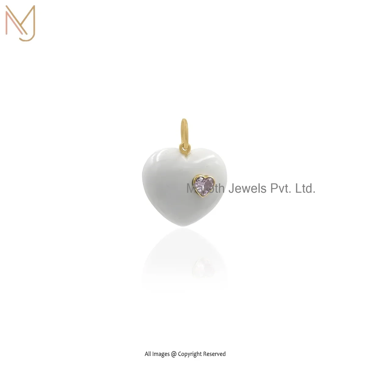 Wholesale 14K Yellow Gold Pink Cubic Zircon & White Agate Gemstone Heart Pendant