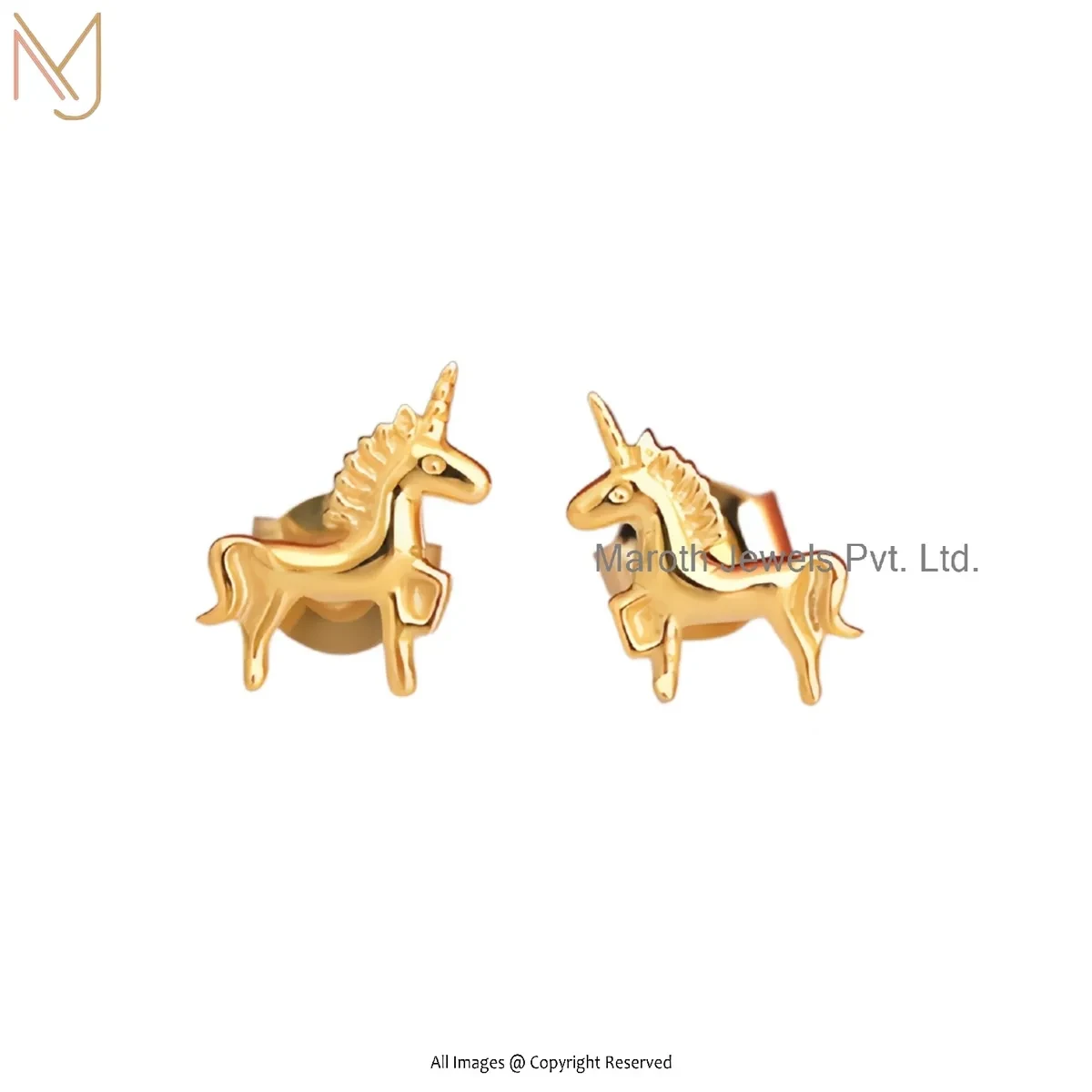 14K Yellow Gold Unicorn Stud Earrings Manufacturer
