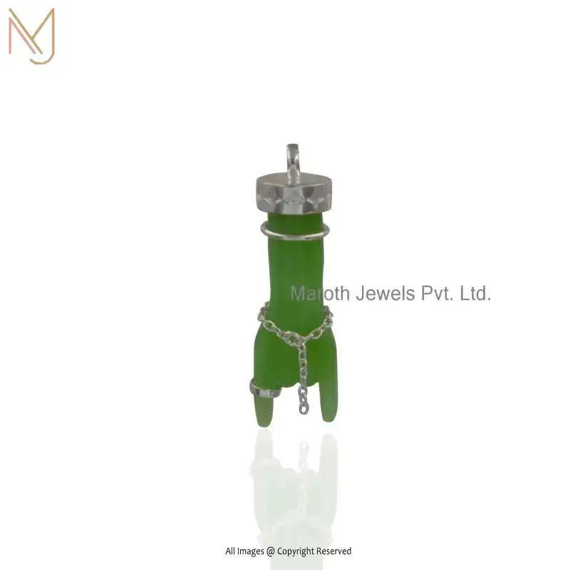 Private Lable 925 Sterling Silver Natural Silver Plated Chrysoprase Figa Hand Charm Pendant