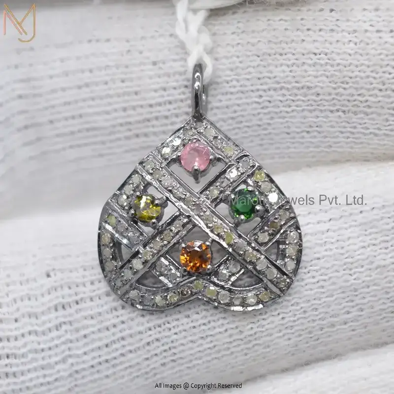925 Sterling Silver Rhodium Plated Multi Gemstone Pave Diamond Heart Pendant Jewelry USA