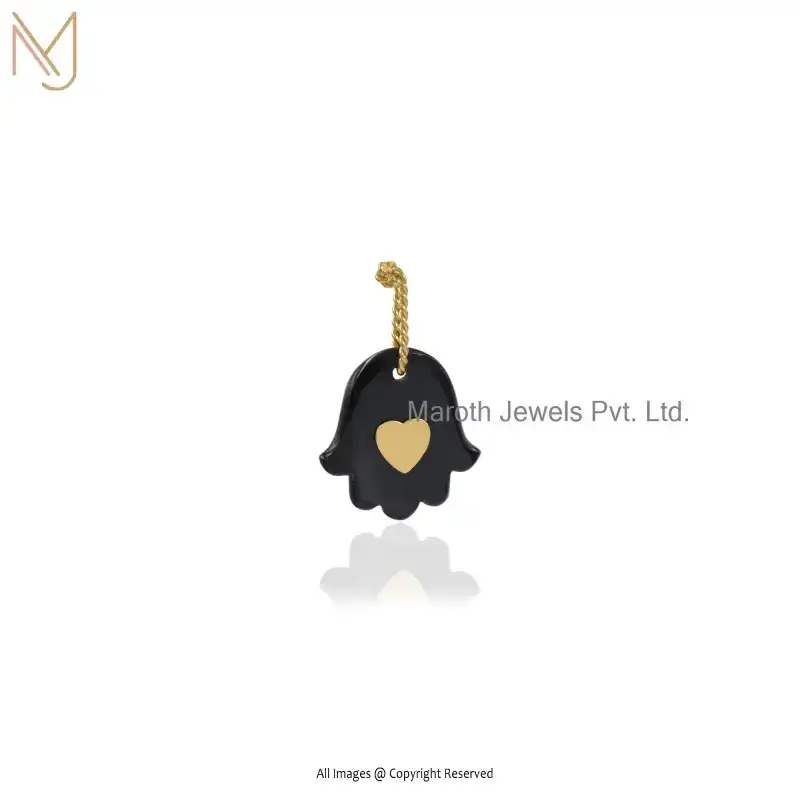 14K Yellow Gold Black Onxy With Heart Hamsa Charm Pendant Custom Jewelry
