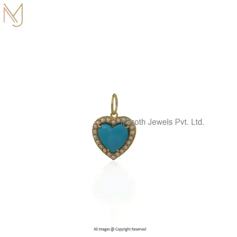 14K Yellow Gold Turquoise OR Pearl Heart Charm Pendant Custom Jewelry