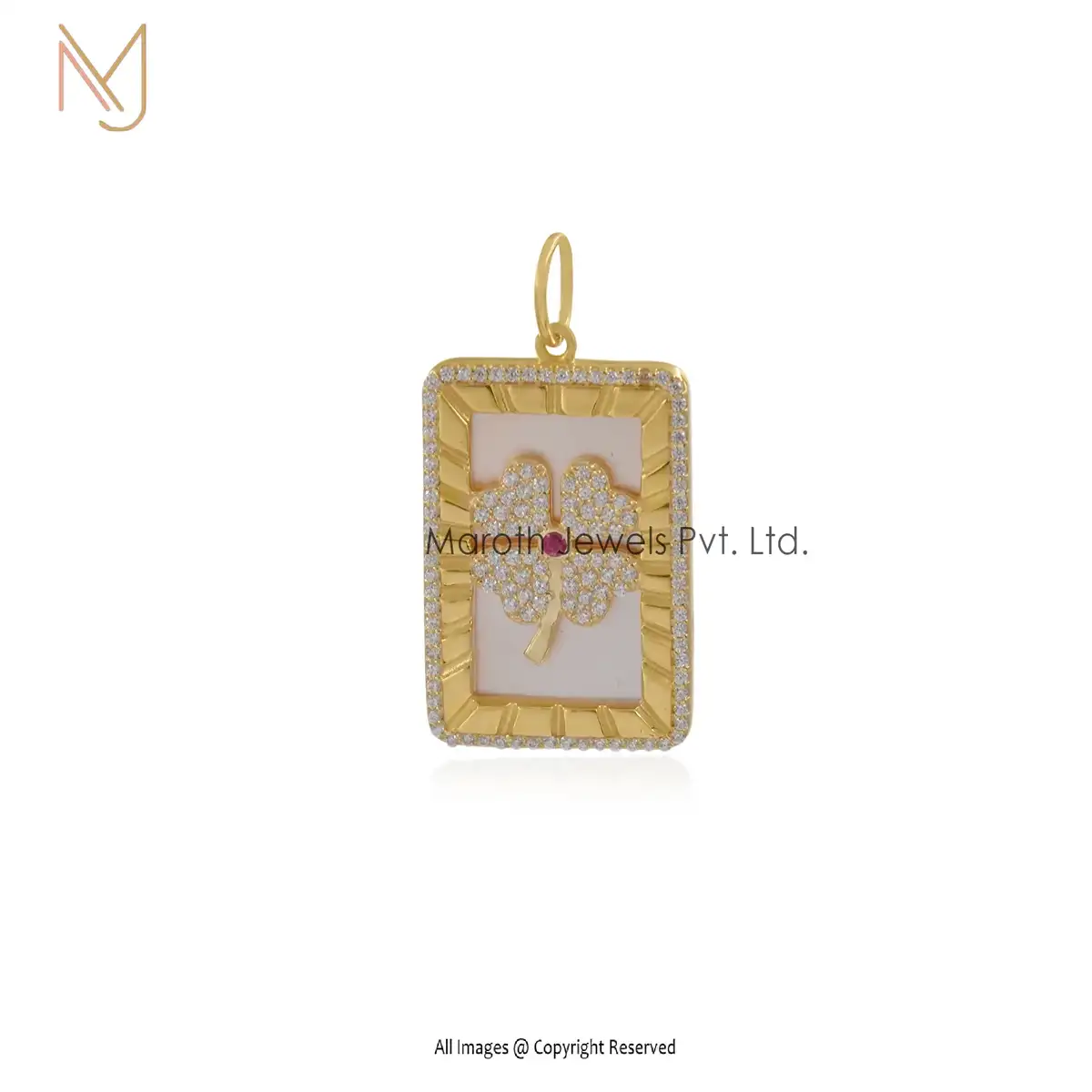 14K Yellow Gold & Mother Of Pearl Cubic Zircon And Garnet Enamel Pendant Jewelry USA