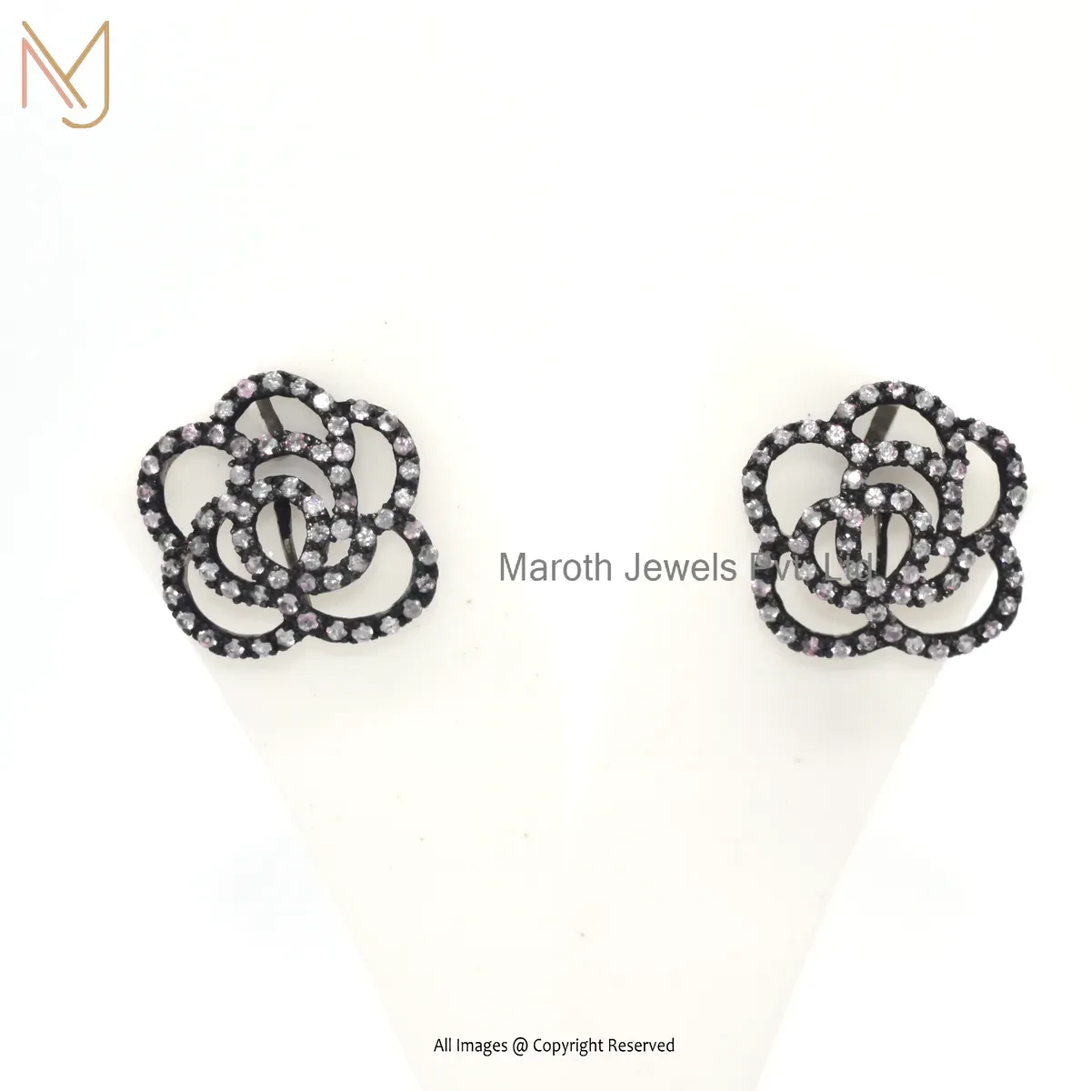 Wholesale 14K White Gold Pave Diamond Ruby Gemstone Flower Design Stud Earring