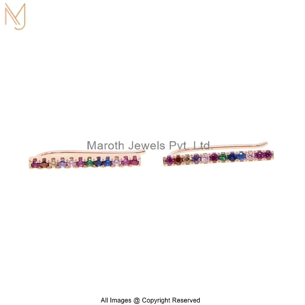14K Yellow Gold Diamond Rainbow Gemstone Bar Stud Earrings Jewelry Supplier