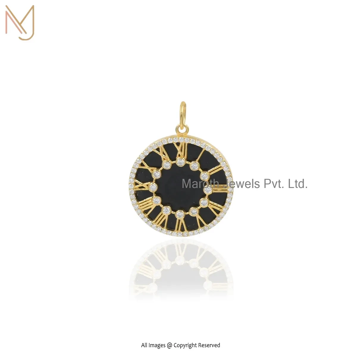 14K Yellow Gold Black Onyx Moissanite Gemstone Roman Clock Pendant USA