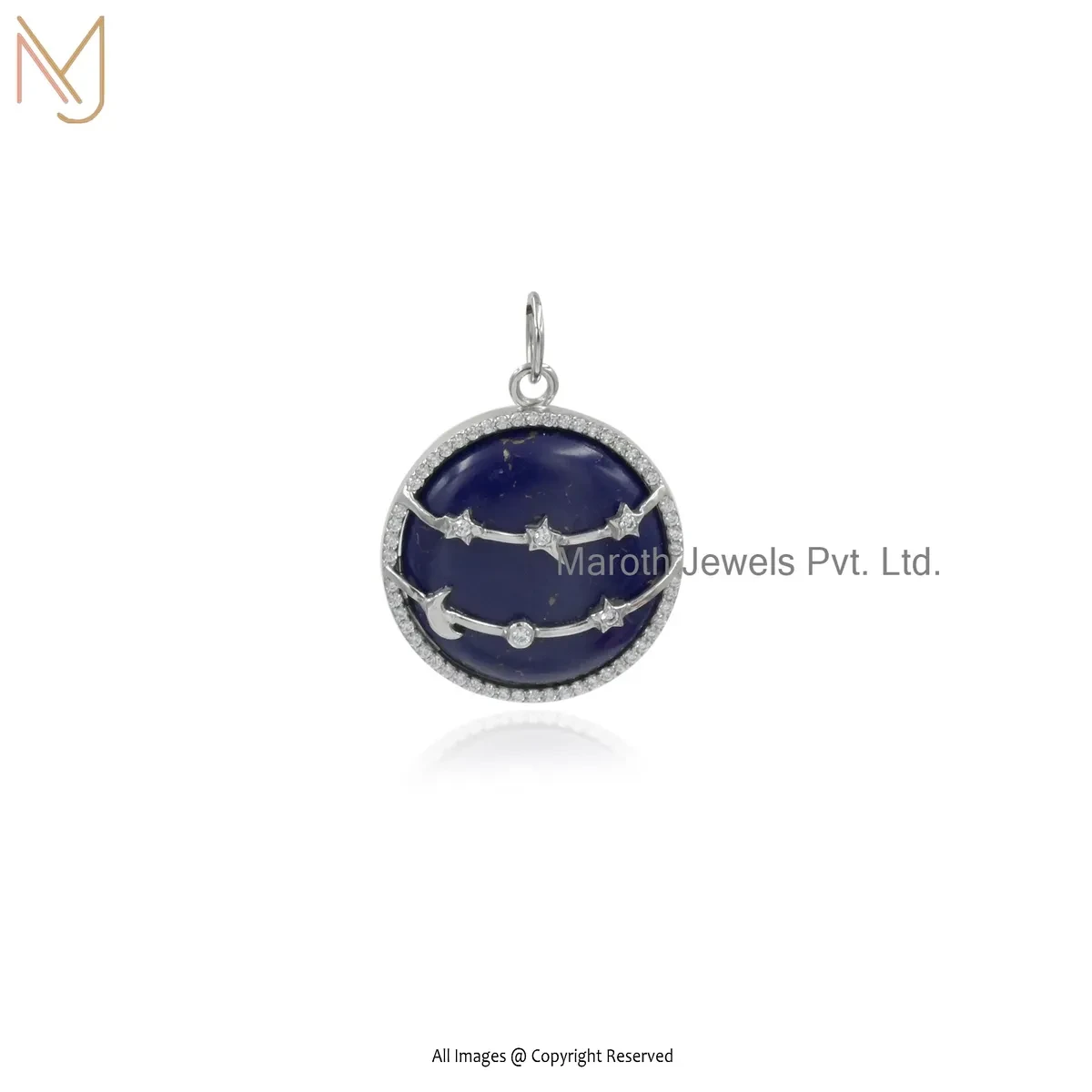 14K White Gold Cubic Zircon & Lapiz Lazuli Gemstone Star Disc Pendant Manufcaturer