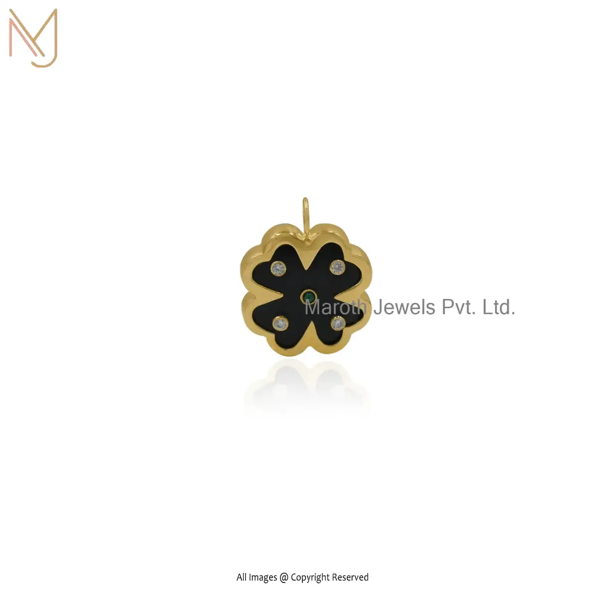 14K Yellow Gold Amethyst & Malachite And Clover Gemstone Flower Pendant USA