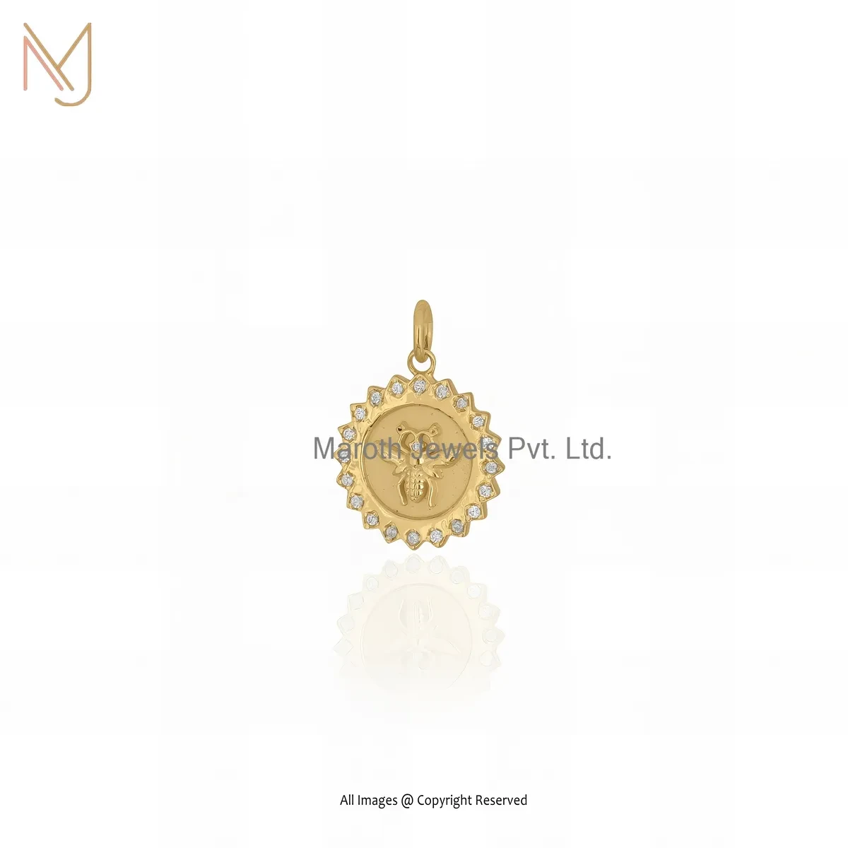 925 Silver Yellow Gold Plated Cubic Zircon Bee Disc Charm Pendant Jewelry Supplier