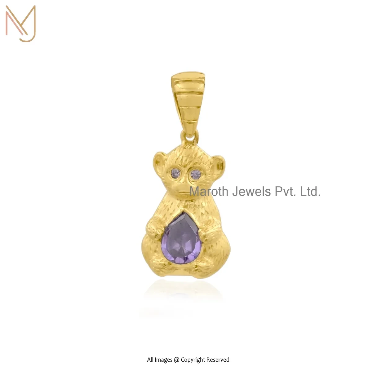 925 Silver Yellow Gold Plated Amethyst Gemstone Monkey Charm Pendant USA