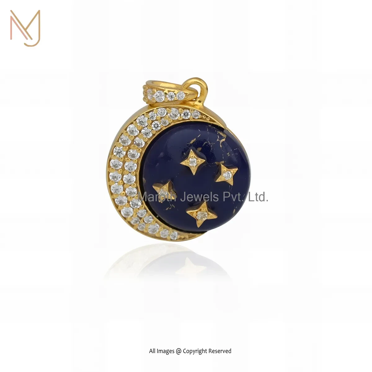 14K Yellow Gold Lapiz Lazuli And White Cubic Zircon Moon Pendant USA