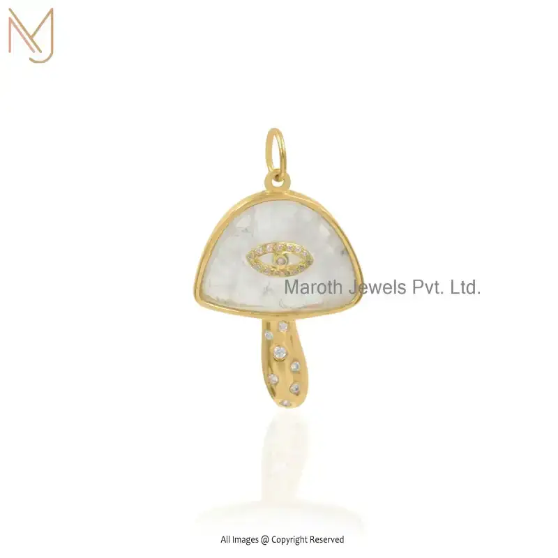 925 Silver Yellow Gold Moonstone And White Cubic Zircoina Mushroom Pendant Manufacturer