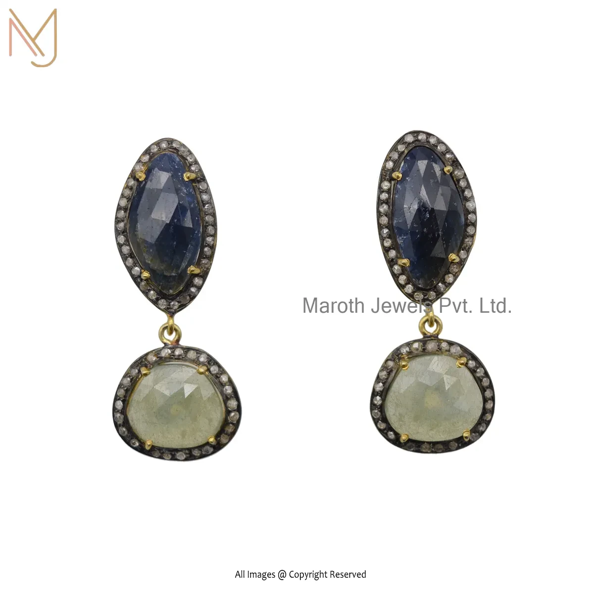 14K Yellow Gold Pave Diamond Blue Sapphire Drop Earring Jewelry Supplier