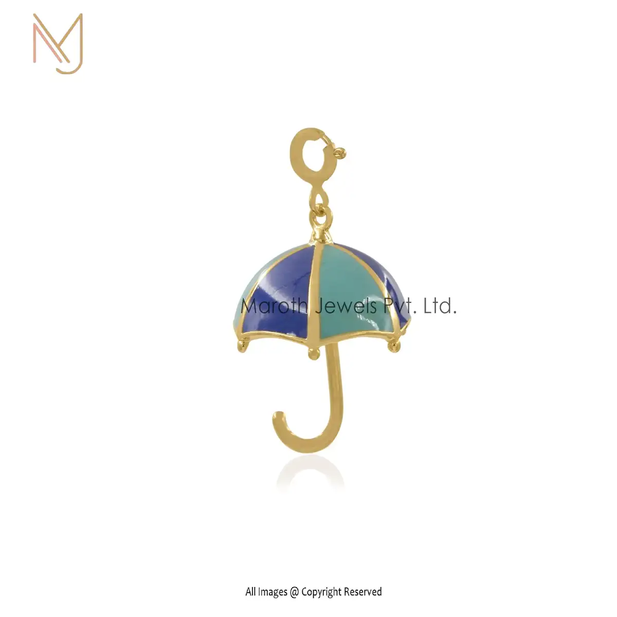 14K Yellow Gold Sky Blue Enamel & Blue Enamel Umbrella Pendant Jewelry USA