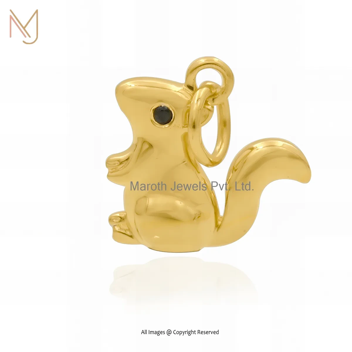 Private Lable 14K Yellow Gold Black Spinel Gemstone Squirrel Charm Pendant