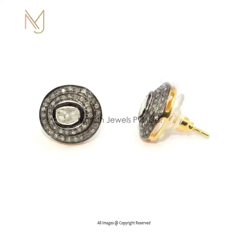 925 Silver Rhodium Gold Pave Rose Cut Diamond Studs USA