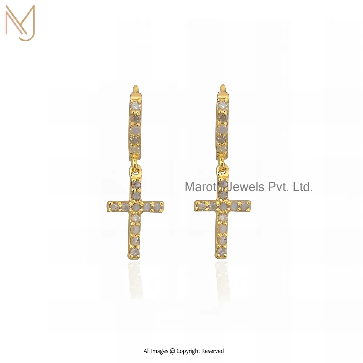 14K Yellow Gold Pave Diamond Cross Hoop Earring Custom Jewelry