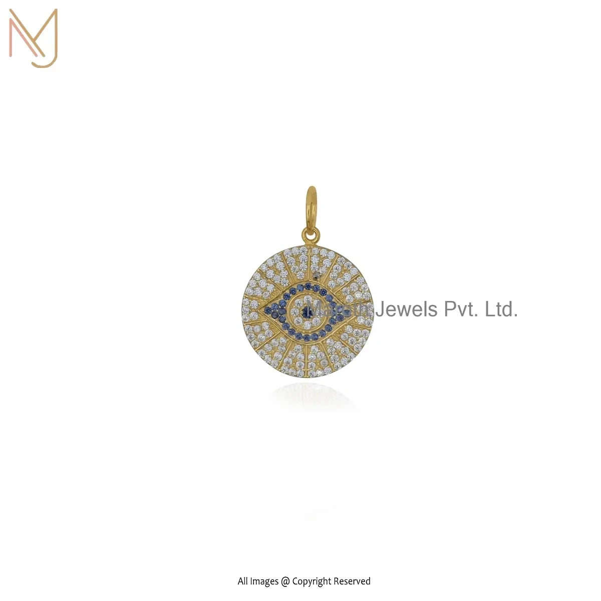 Private Lable 14K Yellow Gold Blue Sapphire & Cubic Zircon Evil Eye Charm Pendant