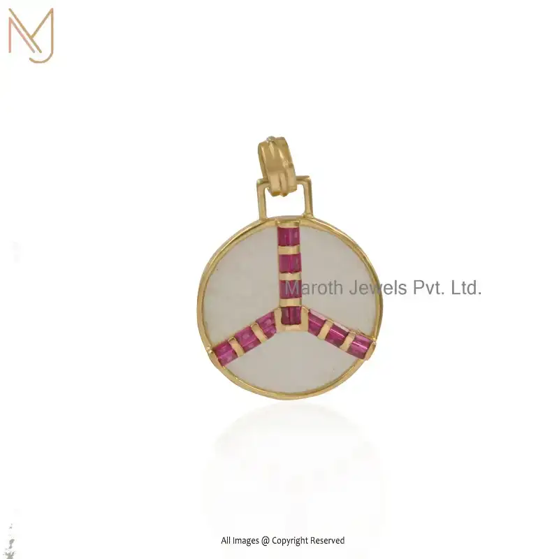 Private Lable 925 Silver Yellow Gold Plated Black Onyx & Pink Quartz Baguettes Round Gemstone Pendant