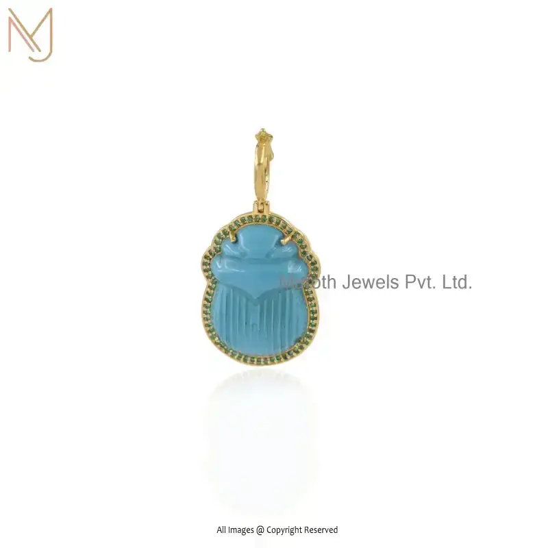 14K Yellow Gold Turquoise Green Cubic Zircon Carved Scarab Pendant Custom Jewelry