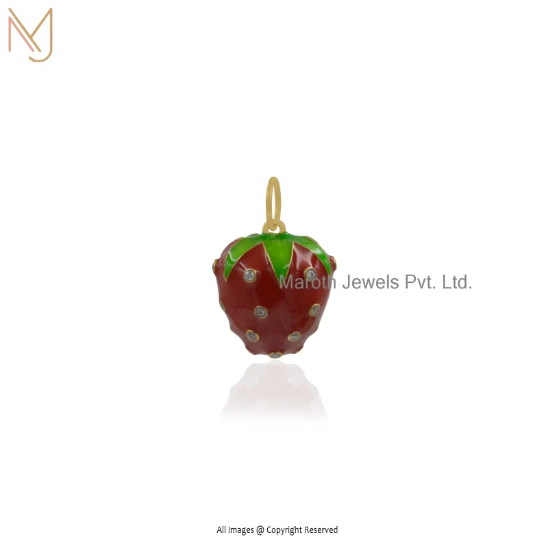 Private Lable 14K Yellow Gold Red And Green Enamel Moissanite Strawberry Pendant