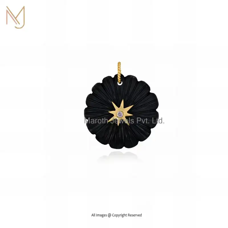 14K Yellow Gold Black Onyx & Pink CZ Flower Pendant Custom Jewelry
