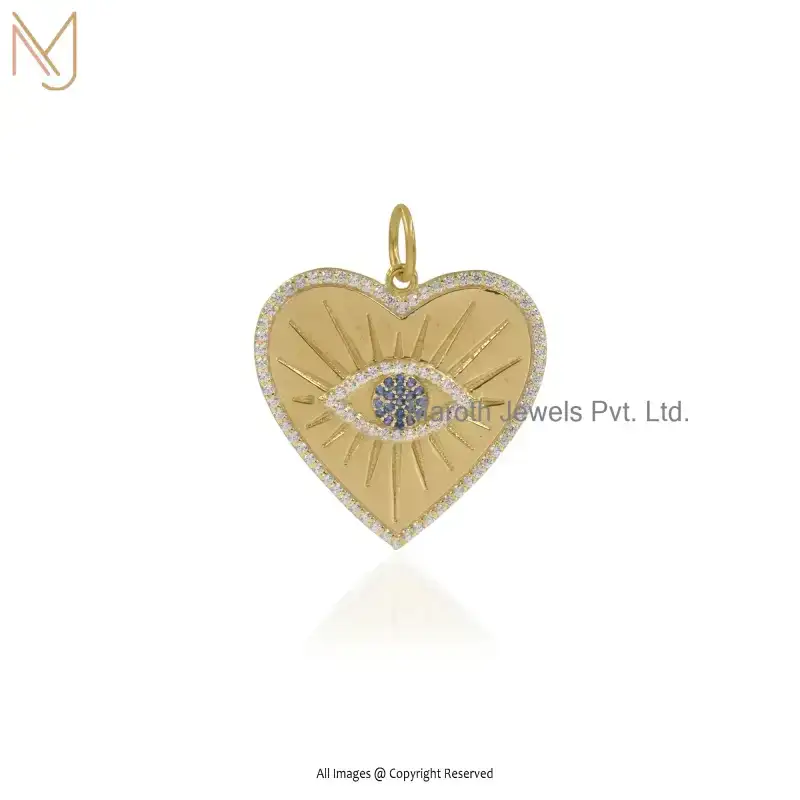 14K Yellow Gold Cubic Zircon Blue CZ Evil Eye Heart Gemstone Pendant USA