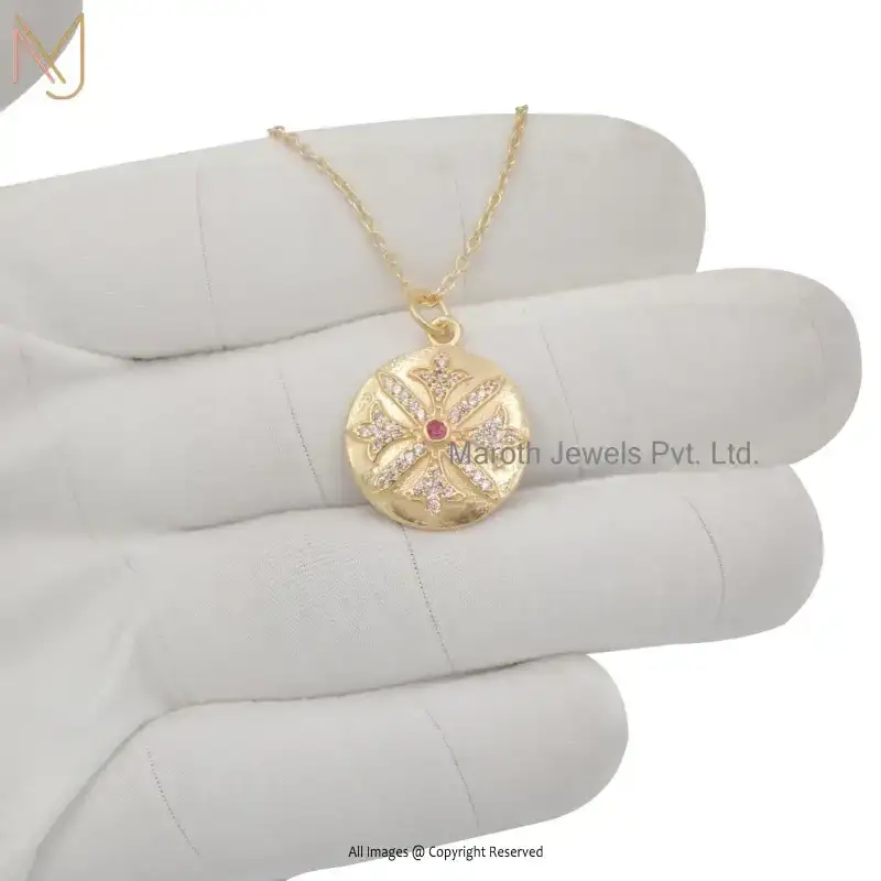 925 Silver Yellow Gold Plated Pink Cubic Zircon Round Disc Pendant Custom Jewelry