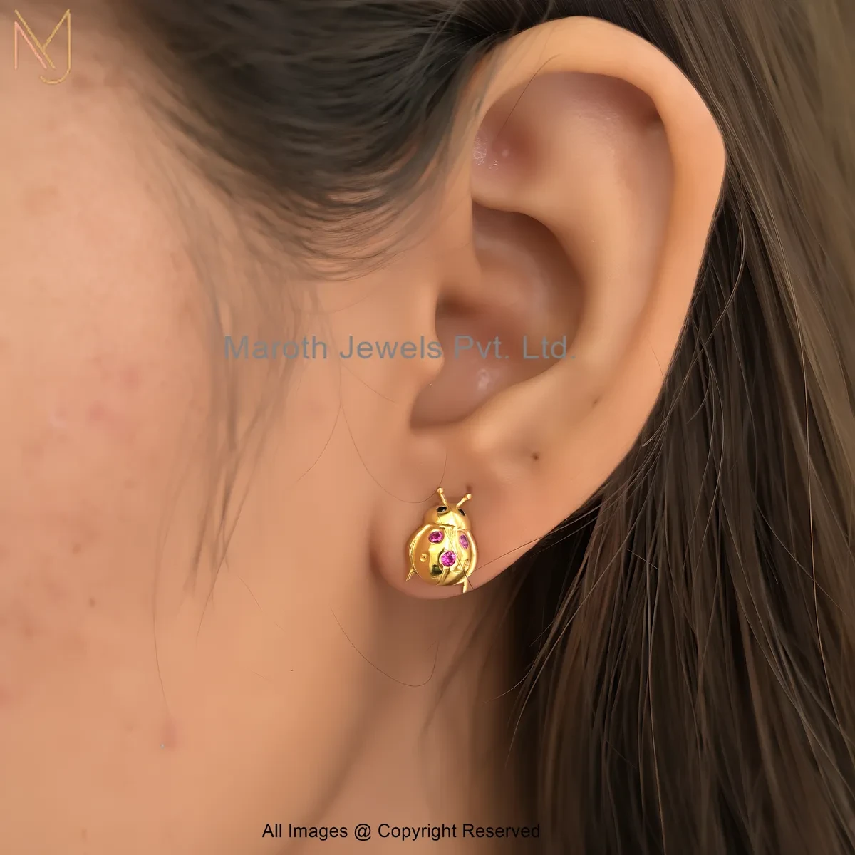 925 Silver Yellow Gold Plated Ruby Cubic Zircon Ladybug Stud Earring Manufacturer