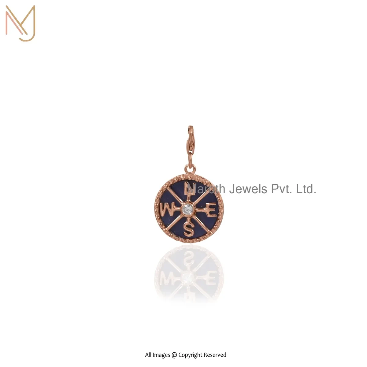 Private Lable 14K Rose Gold Cubic Zircon & Lapiz Lazuli Gemstone Compass Charm Pendant
