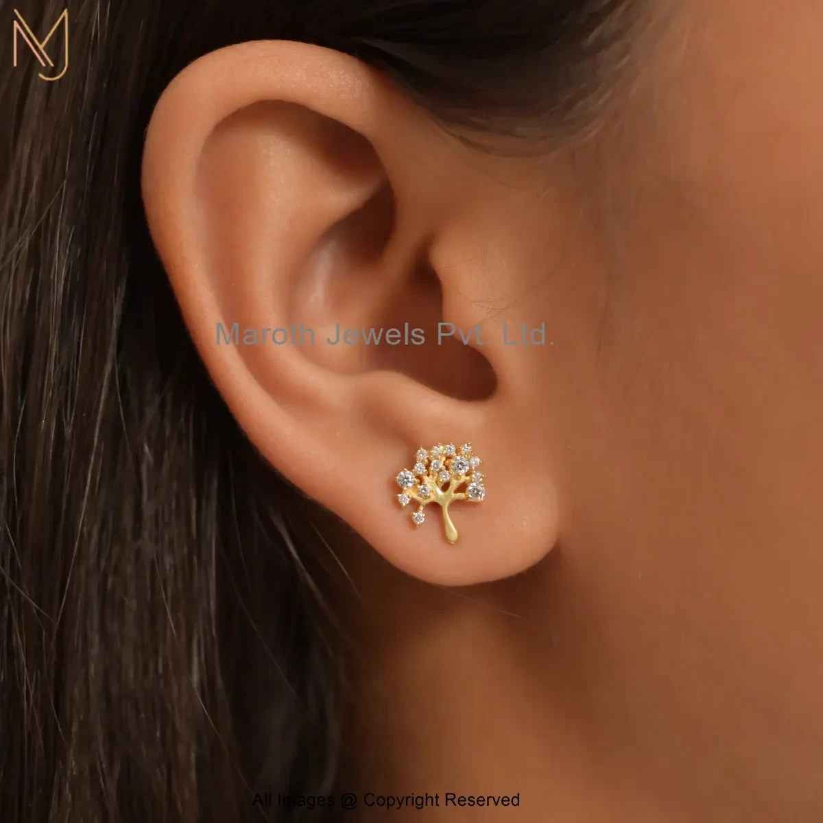 925 Silver Yellow Gold Plated Cubic Zircon Tree Of Life Stud Earring Custom Jewelry