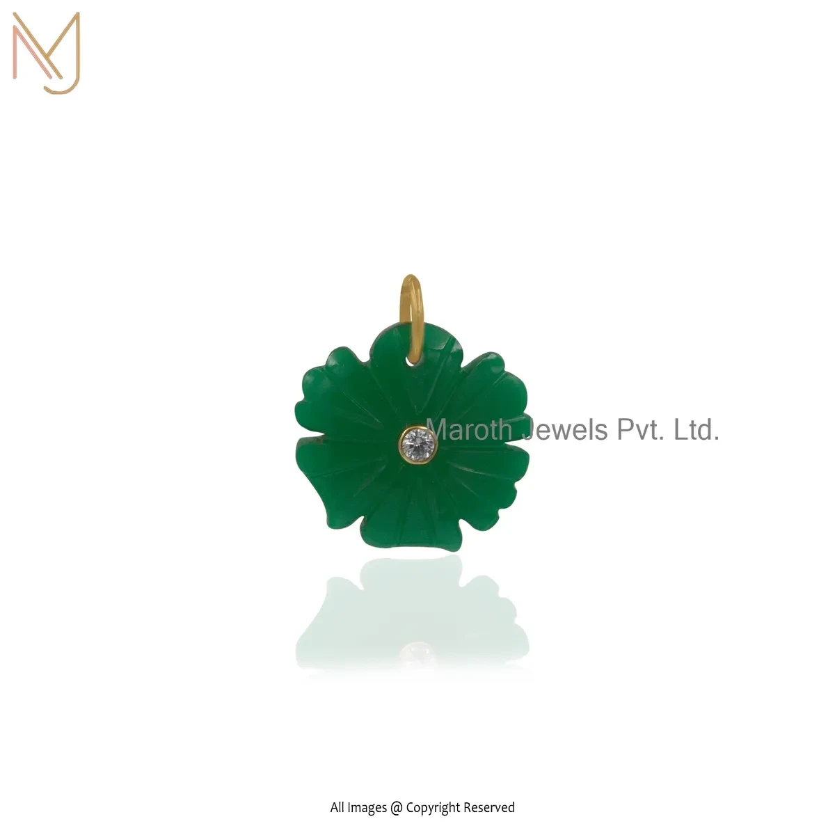 Private Lable 14K Yellow Gold Cubic Zircon & Green Onyx Gemstone Carved Flower Pendant