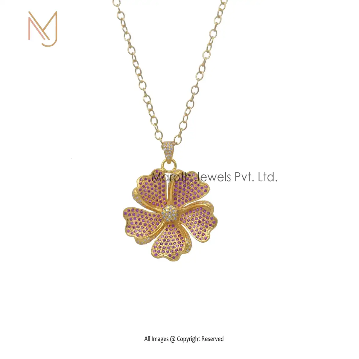14K Solid Yellow Gold CZ Pink Flower Design Pendant Jewelry Suppiler