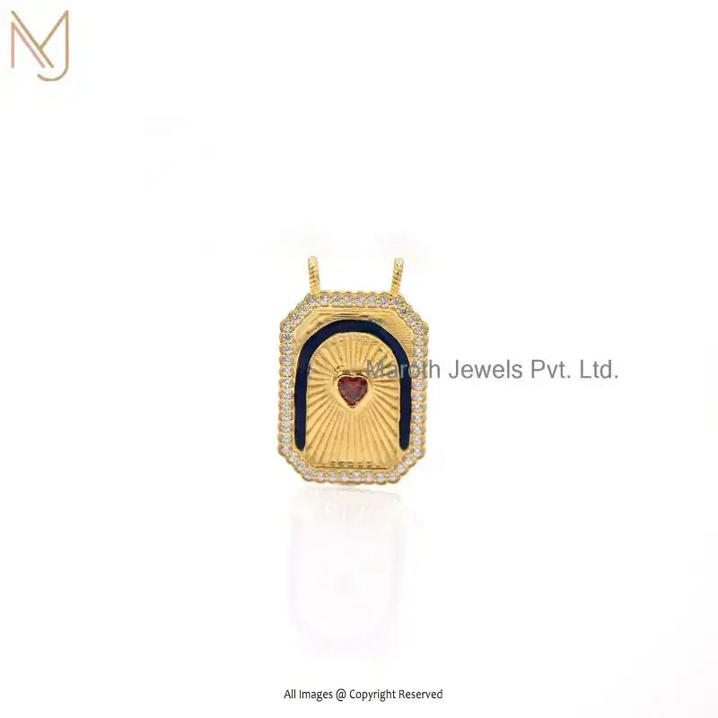 925 Silver Yellow Gold Plated CZ And Blue Enamel & Red Enamel Custom Heart Design Pendant Jewelry Supplier