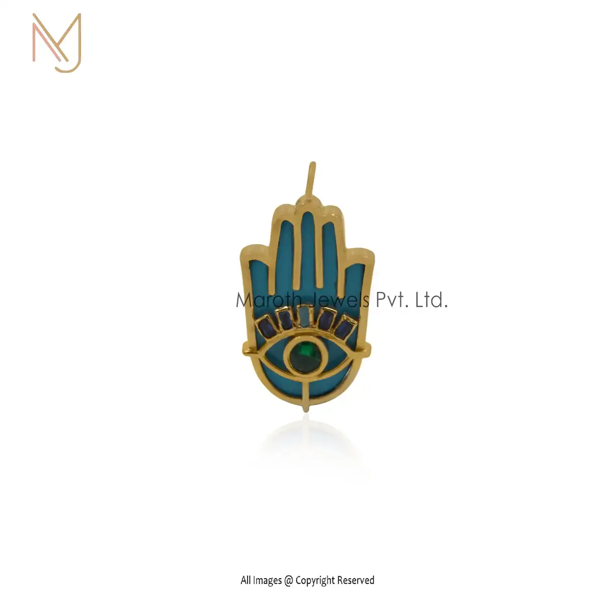 14K Yellow Gold Turquoise Blue Sapphire Baguettes & Green CZ Hamsa Pendant USA