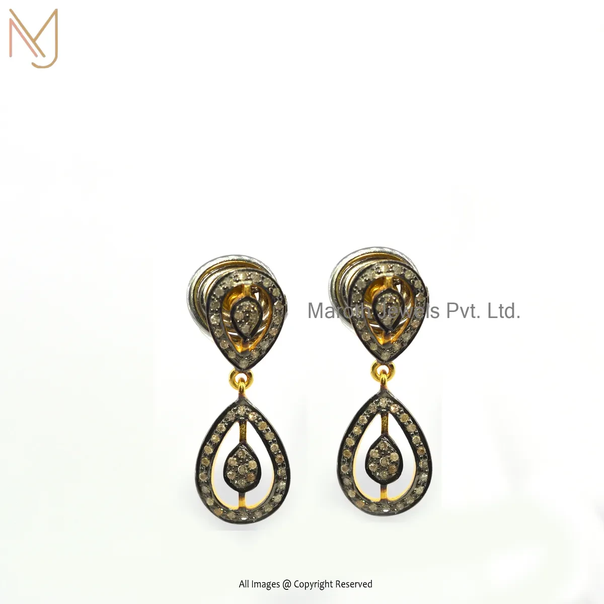925 Silver Rhodium Yellow Gold Plated Polki Pave Diamond Dangle Earring Jewelry Supplier